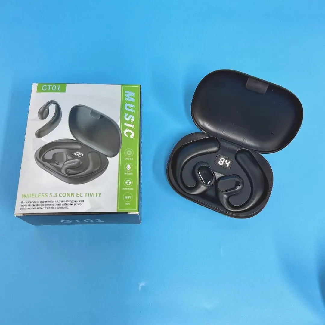 Black and white ear-mounted Bluetooth headset with digital display screen on side