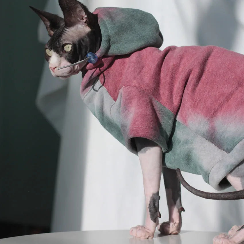 Tie-dye hooded sweater for pets in cotton with velvet lining, autumn winter coat for cats and dogs