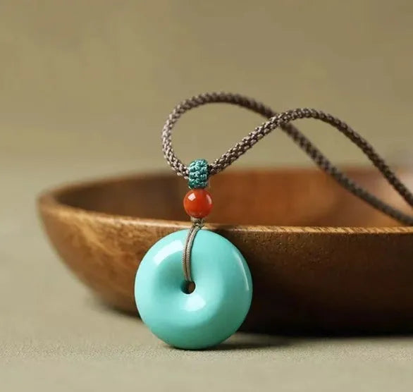 Natural turquoise polished round bread ring safety buckle pendant, 25mm, green, New Chinese style
