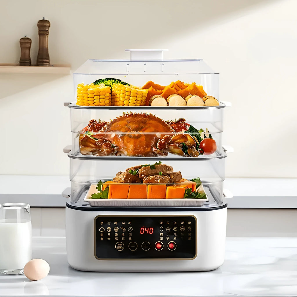 28-litre electric kitchen steamer with stainless steel rack on countertop