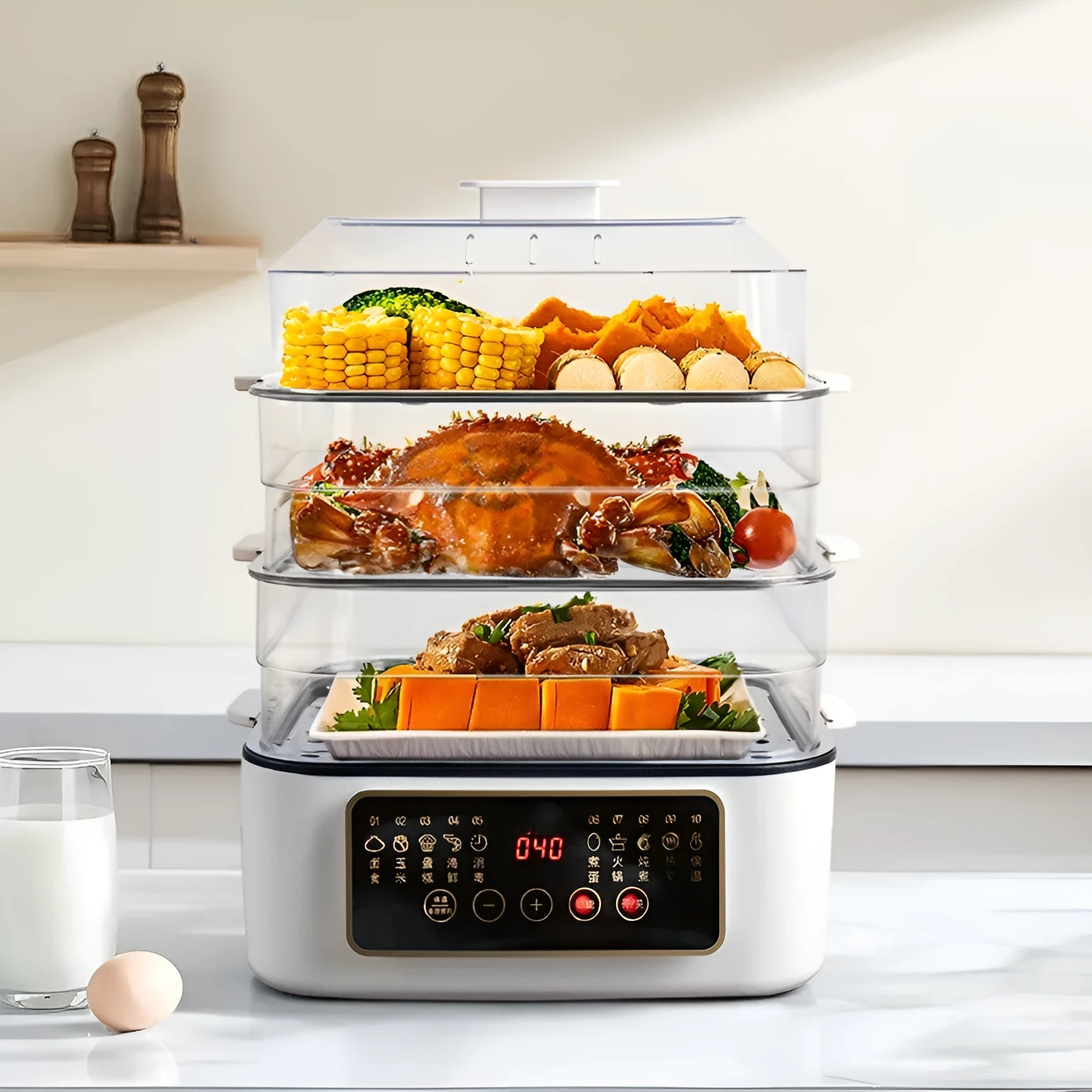 28-litre electric kitchen steamer with stainless steel rack on countertop