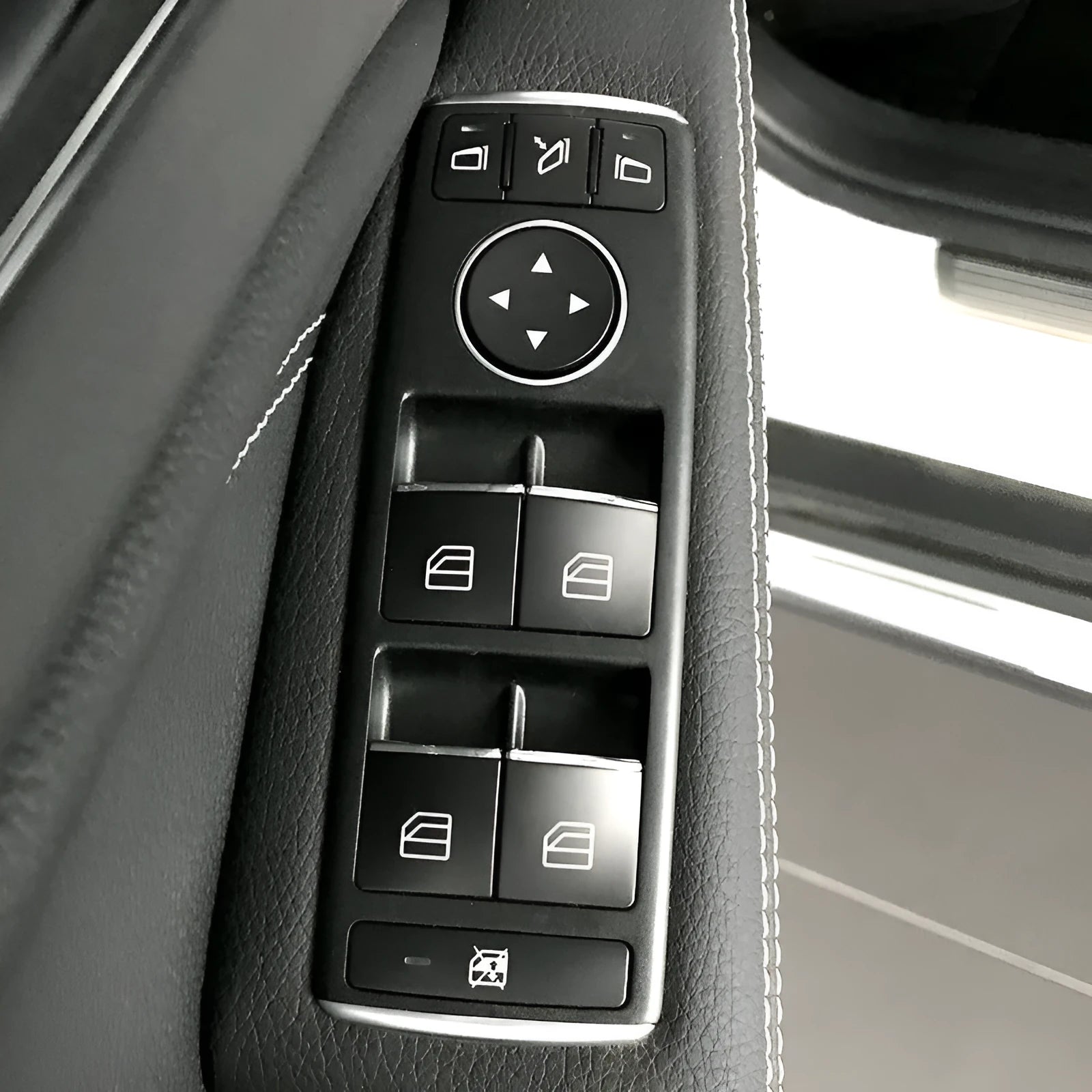Black glitter car window lift button sticker made from ABS plastic for interior customisation.