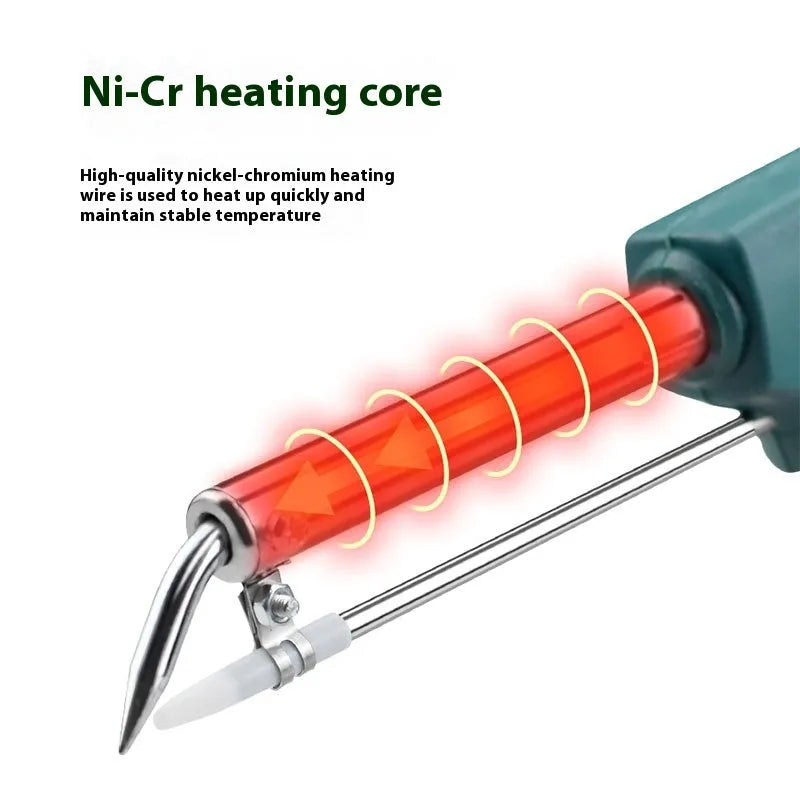 External heating soldering gun with black plastic handle, 220V EU plug, 235x215x50mm size, solder wire, stand, tweezers, and solder sucker