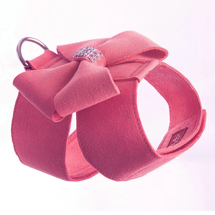 Cute fashion bowknot puppy chest strap harness in microfiber material showing colour options