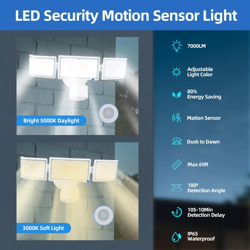 White or black SCU2203-PIR LED flood light with motion sensor for outdoor security mounting.