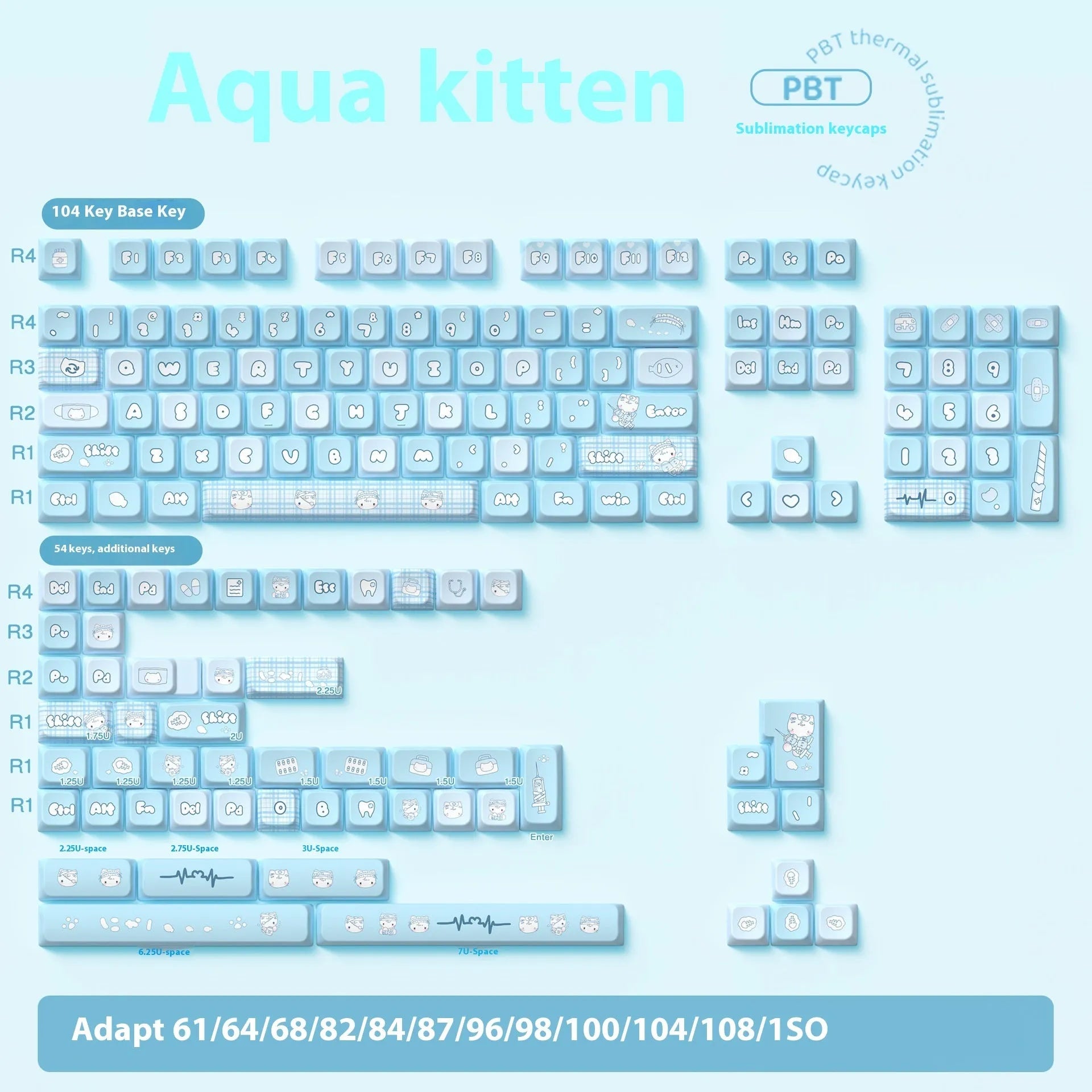 Custom watercolour kitten design mechanical keyboard keycap set with opaque legends, shown in a box.