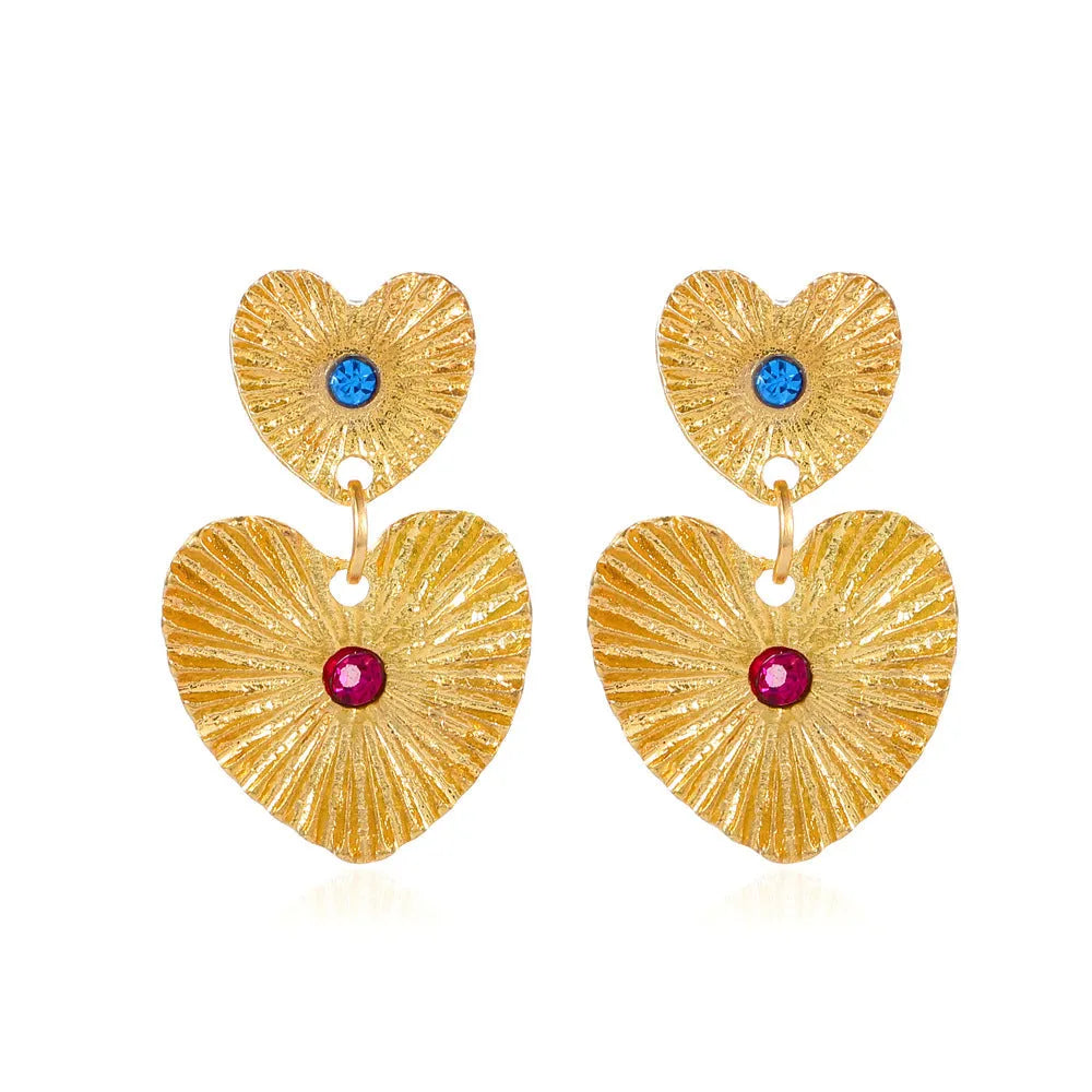 Bohemian sunflower heart-shaped earrings with rhinestone details in gold, alloy construction for women