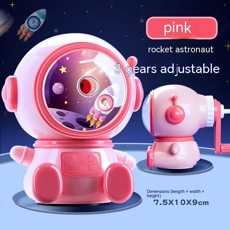 Blue astronaut themed manual pencil sharpener with anti-jam technology
