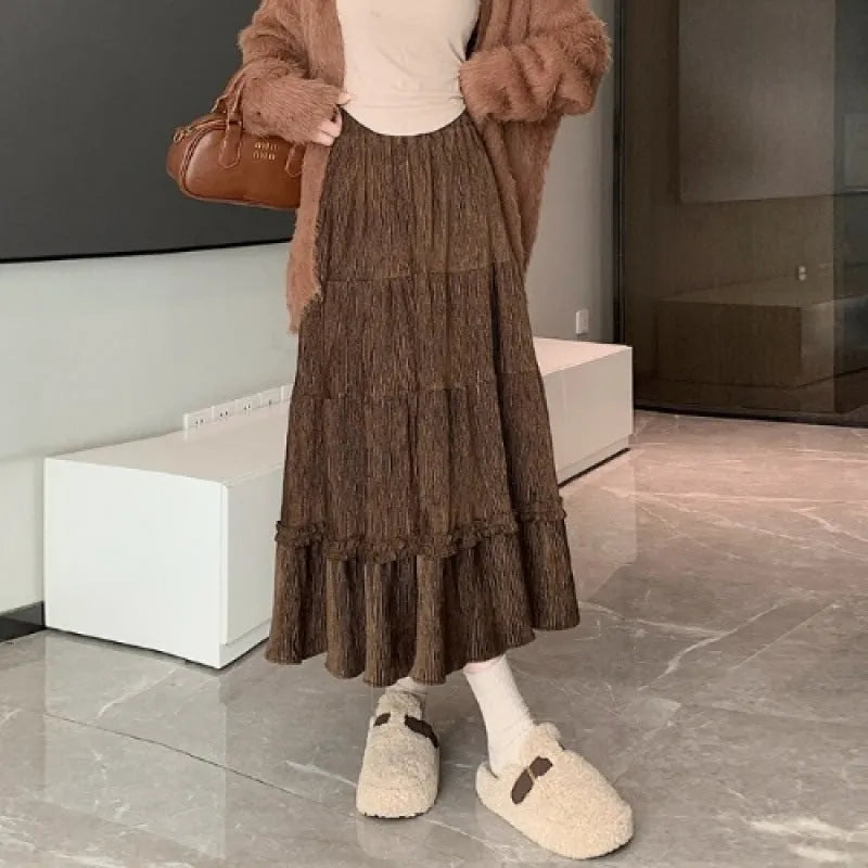 Midi A-line corduroy skirt with elastic waistband in solid colour options