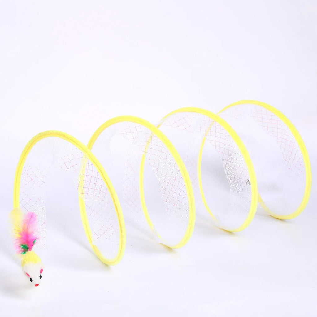 S-type steel frame cat tunnel with elastic netting and dangling feather toys for feline play