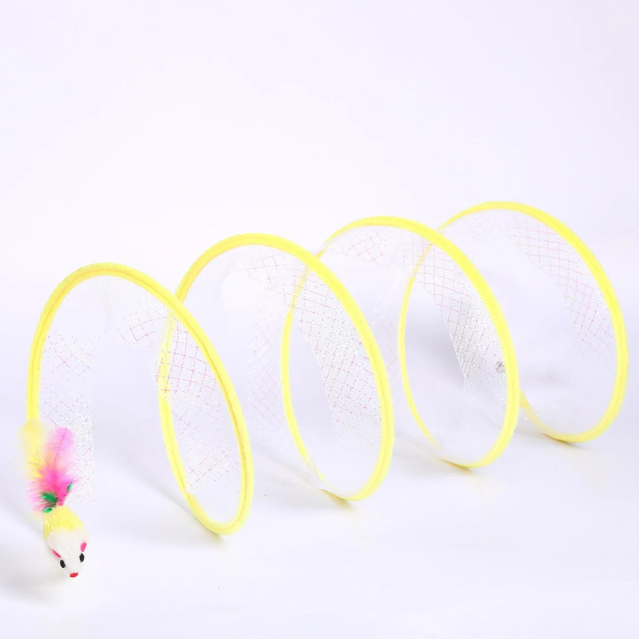 S-type steel frame cat tunnel with elastic netting and dangling feather toys for feline play