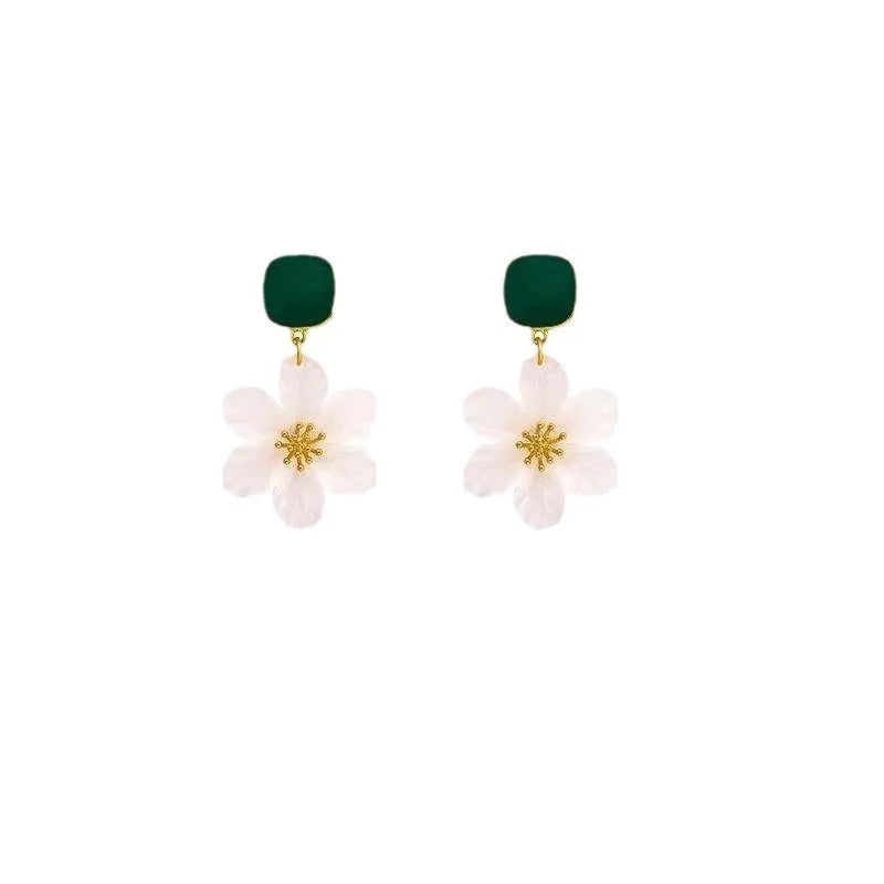 Dark green sweet earrings with needle flowers design, alloy material.