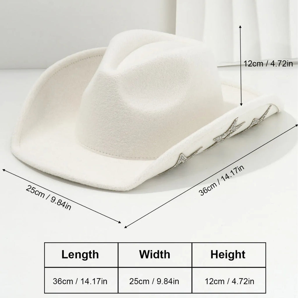 Western denim top hat with conical crown and hexagonal star decoration in polyester fabric