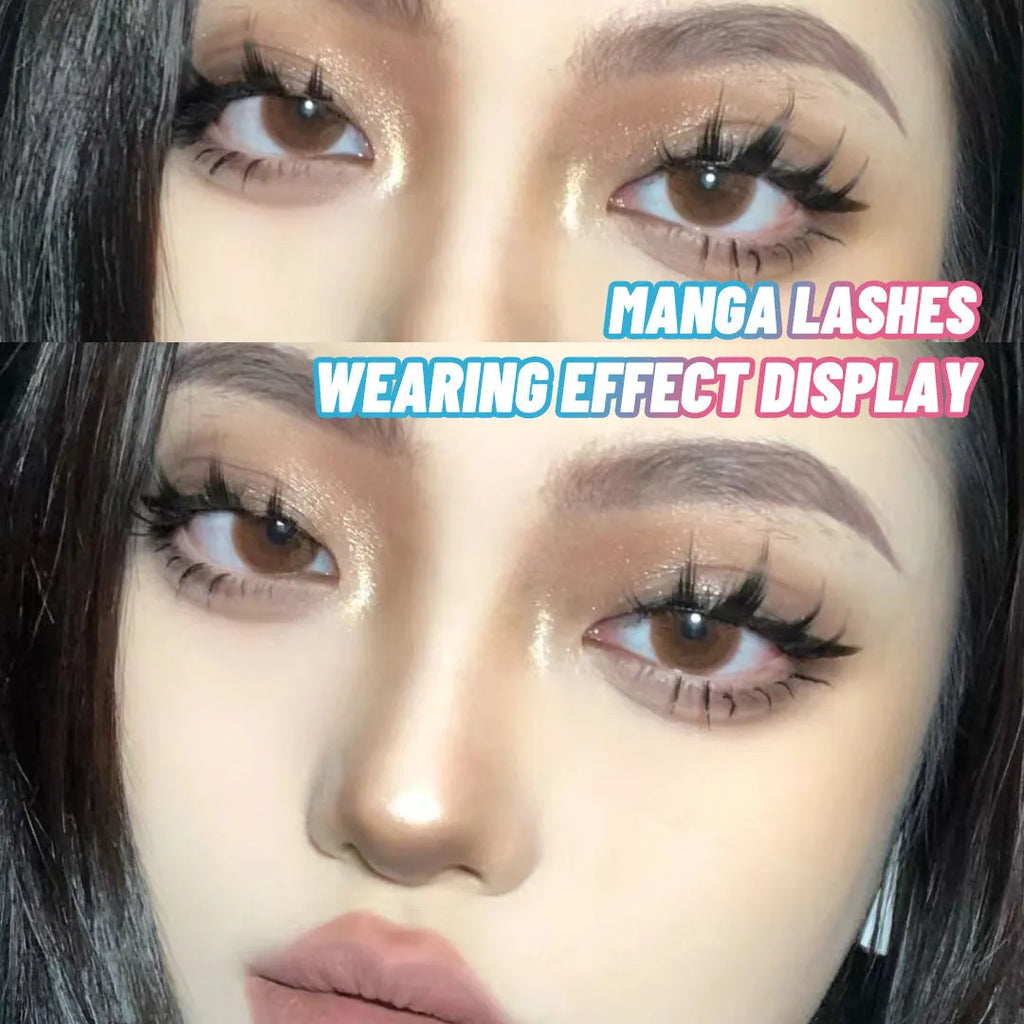 Set of manga false eyelashes showing three styles: 007, 008, and 009, with black plastic terrier.