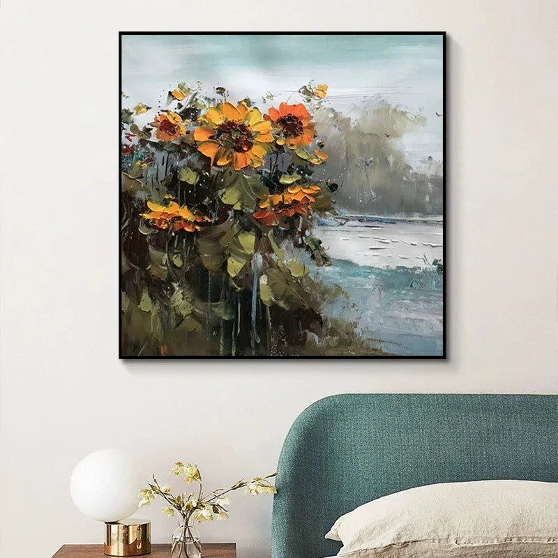 Hand-painted abstract countryside oil painting of rural landscape with sunflowers on square canvas for living room wall decor
