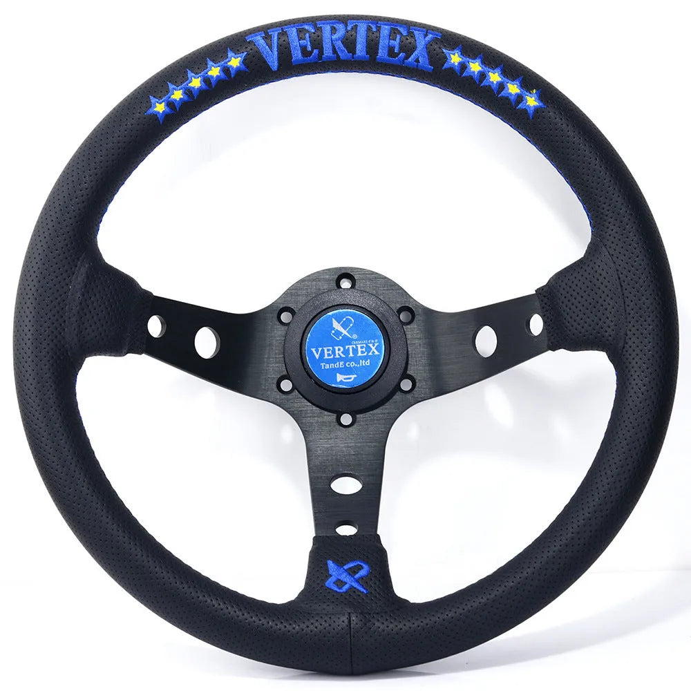 Black deep concave alloy racing steering wheel showing 330mm diameter and Vertex design options.