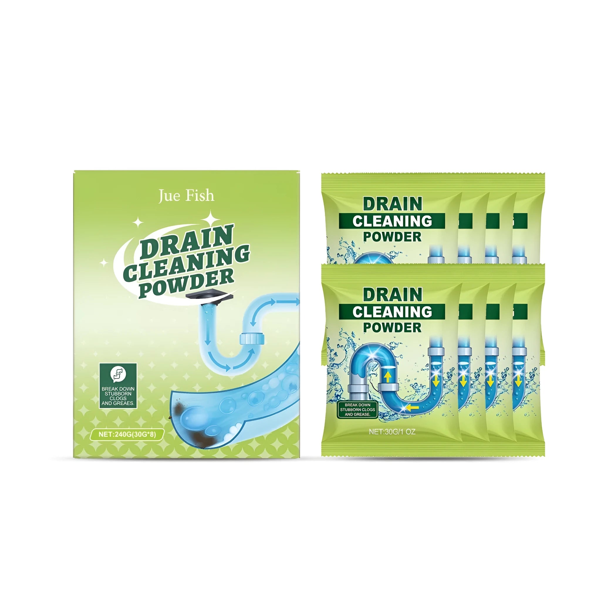 Drain cleaning powder pack with eight 30g sachets, sodium hydroxide formula