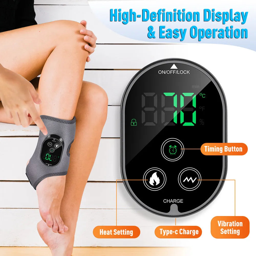 Portable hot compress vibration foot massager in grey or black, neoprene and ABS, 46 x 32 cm, 3000 mAh battery.