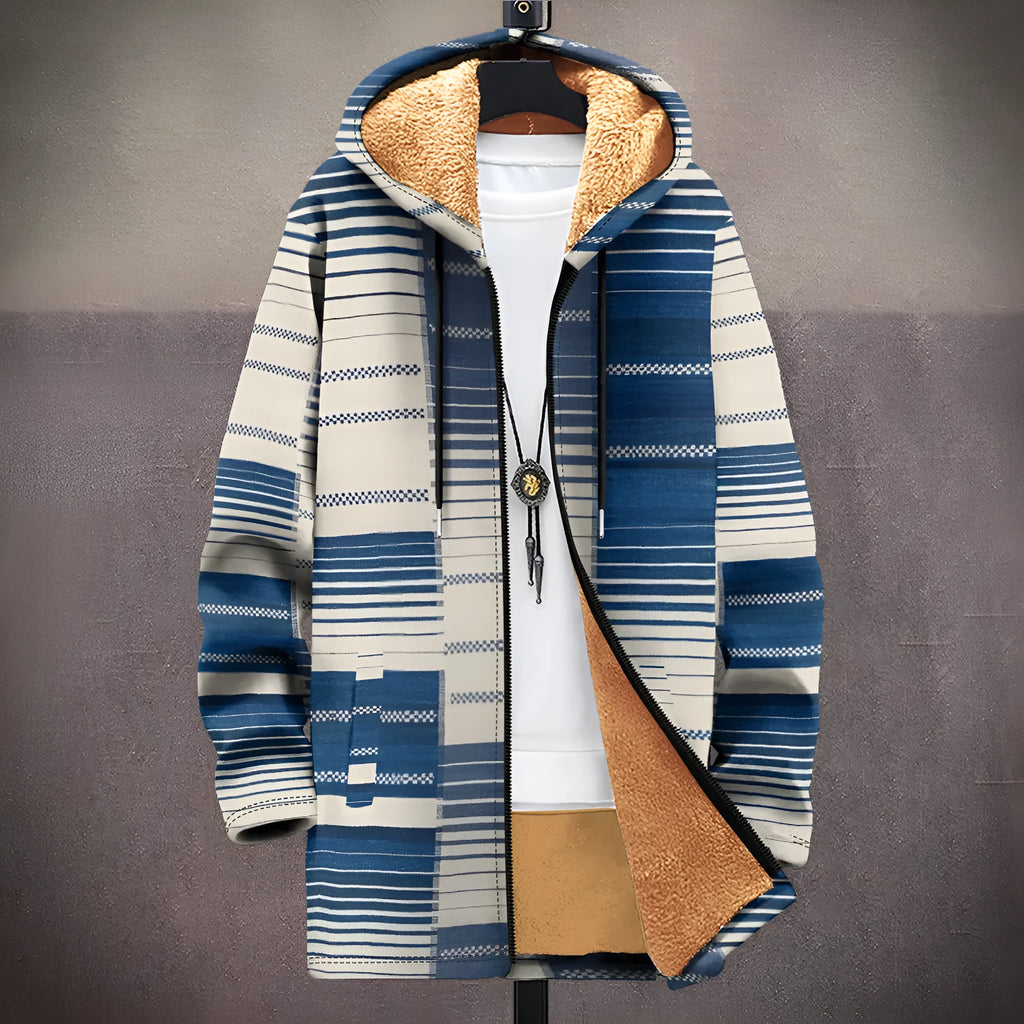 Men's zip-front hooded cardigan with multicolour digital printed pattern in loose fit