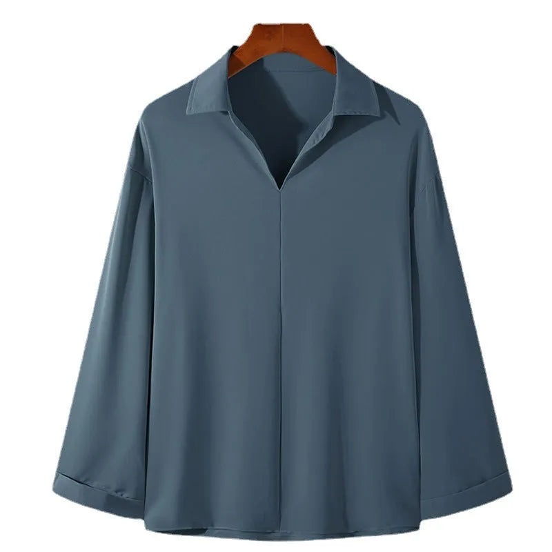 Men's loose lapels casual shirt in thin polyester fabric with long sleeves