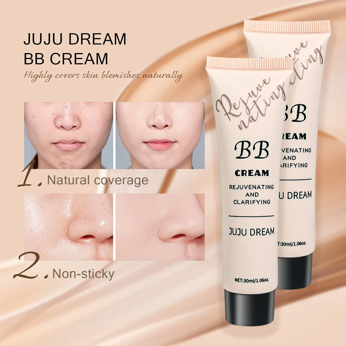 Waterproof BB cream 30ml tube for brightening and priming, available in five colours.