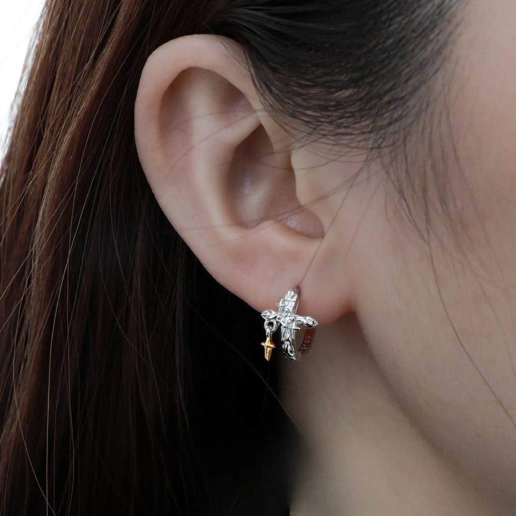 Women's geometric cross earrings in white gold colour made from 925 silver with round design elements