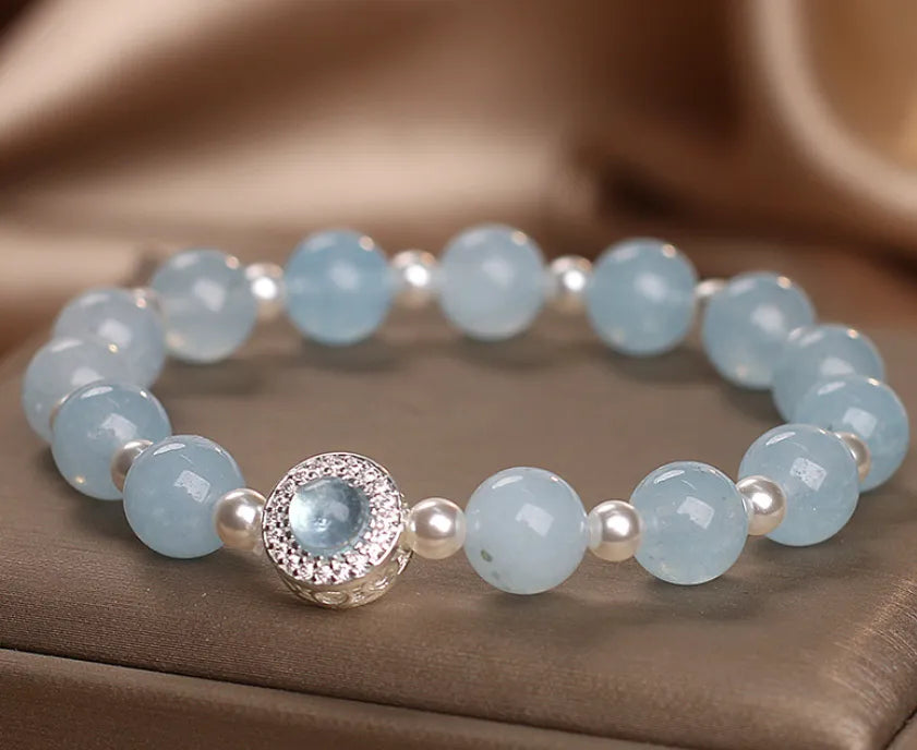 Natural aquamarine crystal bracelet for women in sky blue with original design