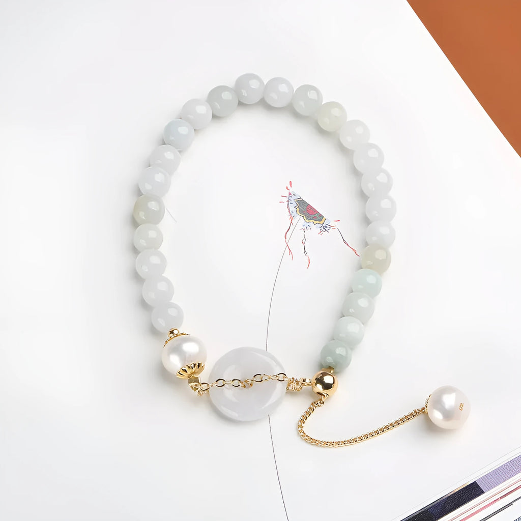 Natural emerald peace buckle jade pearl bracelet for women with geometric national style design