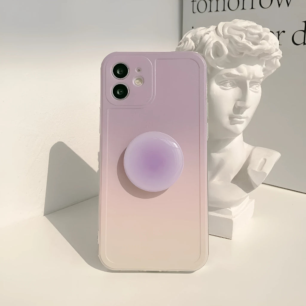 Yellow and purple gradient silicone iPhone case with a retractable X bracket extended.