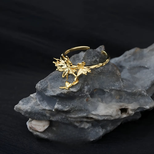 Silver adjustable open ring with butterfly design in 18K gold and white gold electroplated finishes