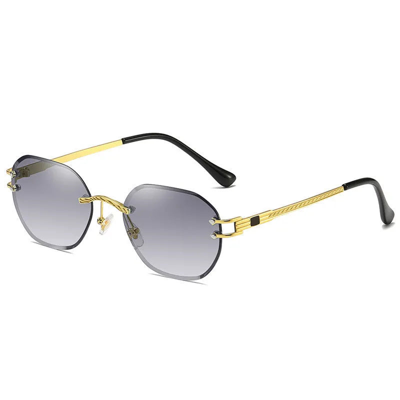 Trimming sunglasses with ocean lens design showing gold mirror frames and polarised pink lenses