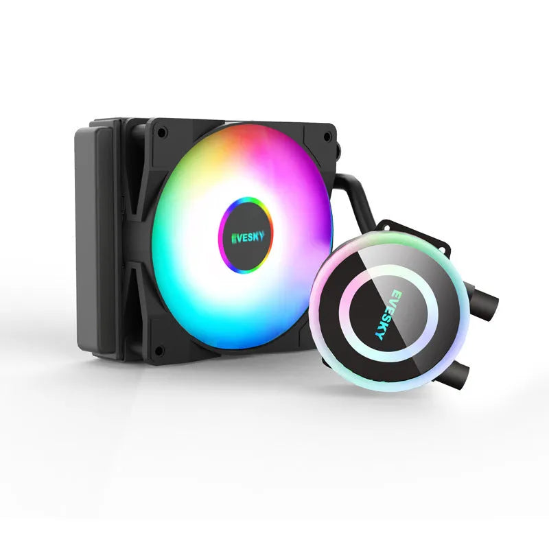 Aluminium CPU radiator with fan, shown in 120mm size with colour options.