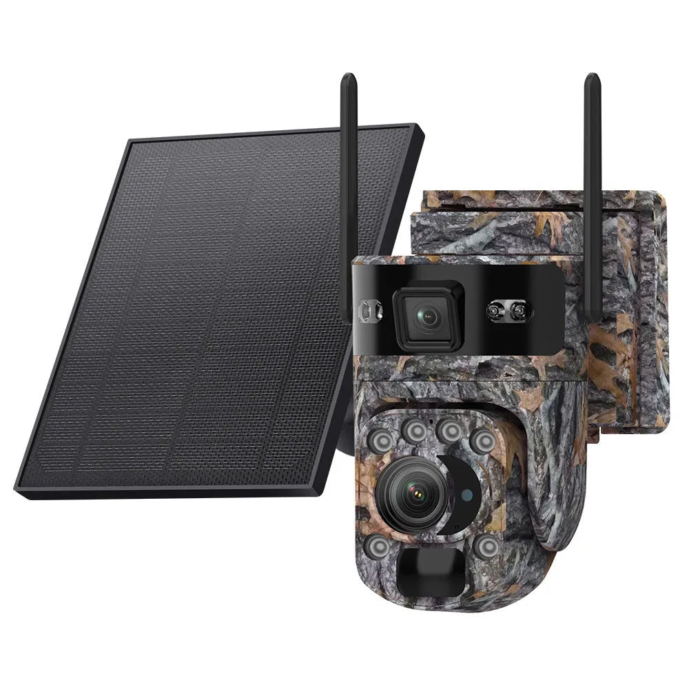 Jungle camouflage 4G solar camera with 6MP HD lens and 20x zoom mounted outdoors in green foliage