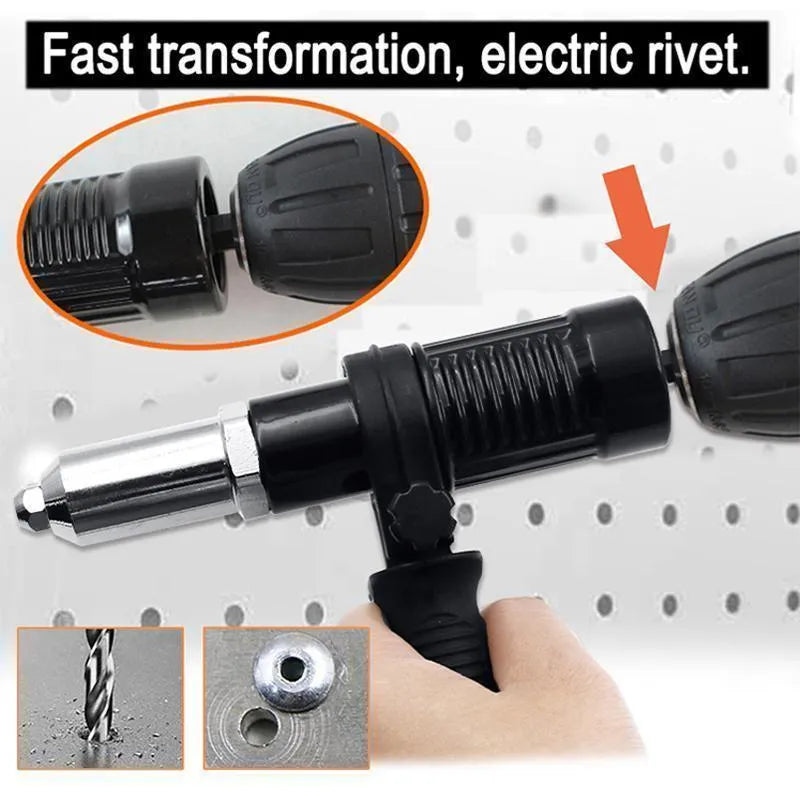 Alloy steel electric drill rivet gun adapter with four rivet heads, a handle, and a wrench.