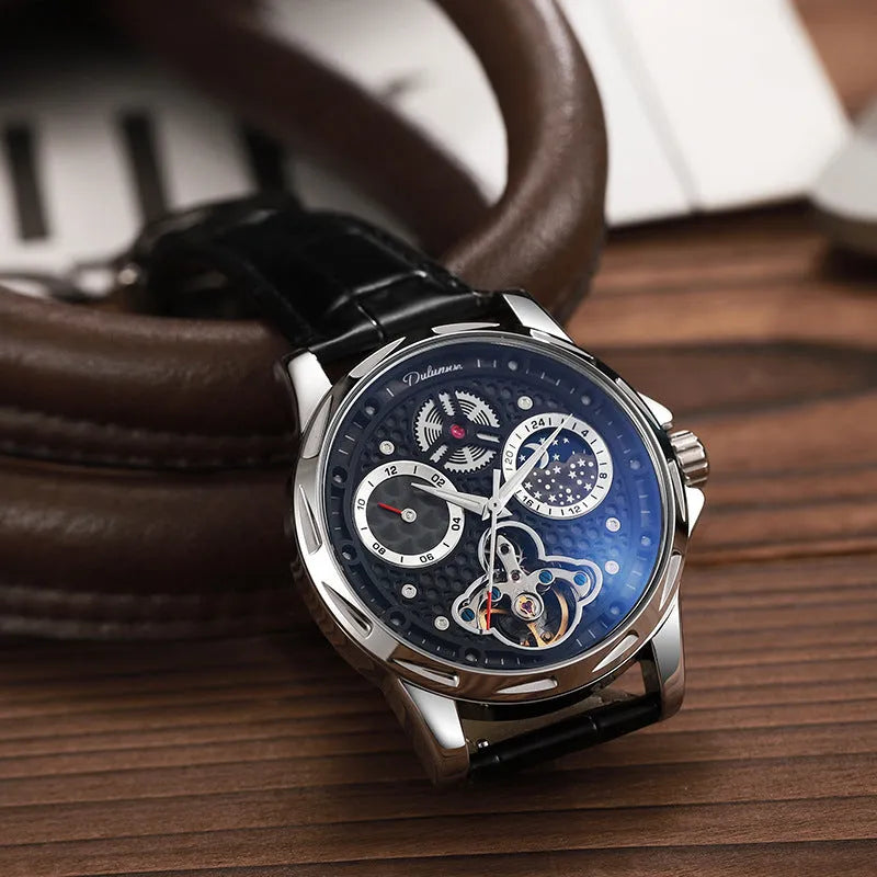 Men's business watch with luminous hands showing black dial and steel bracelet option