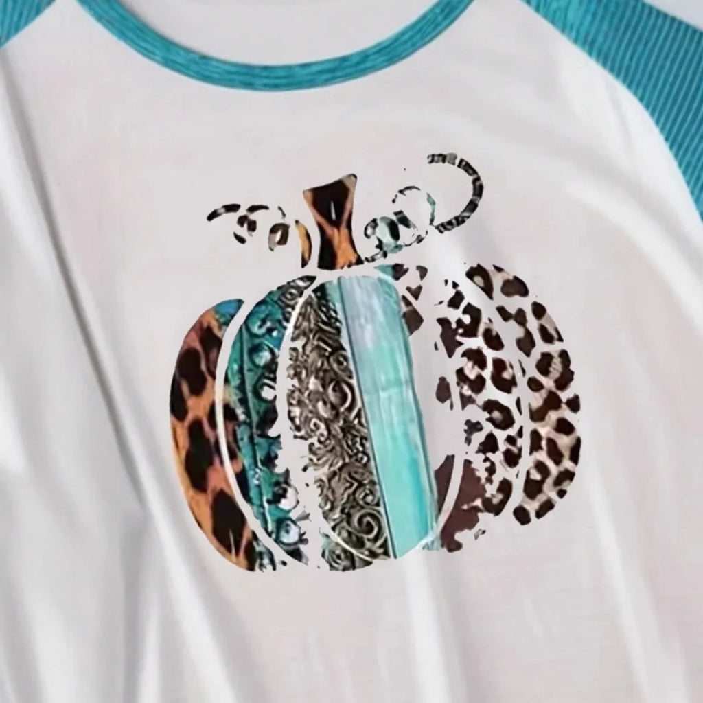 Sky blue Halloween pumpkin 3D digital printed T-shirt with Japanese Korean style and long sleeves