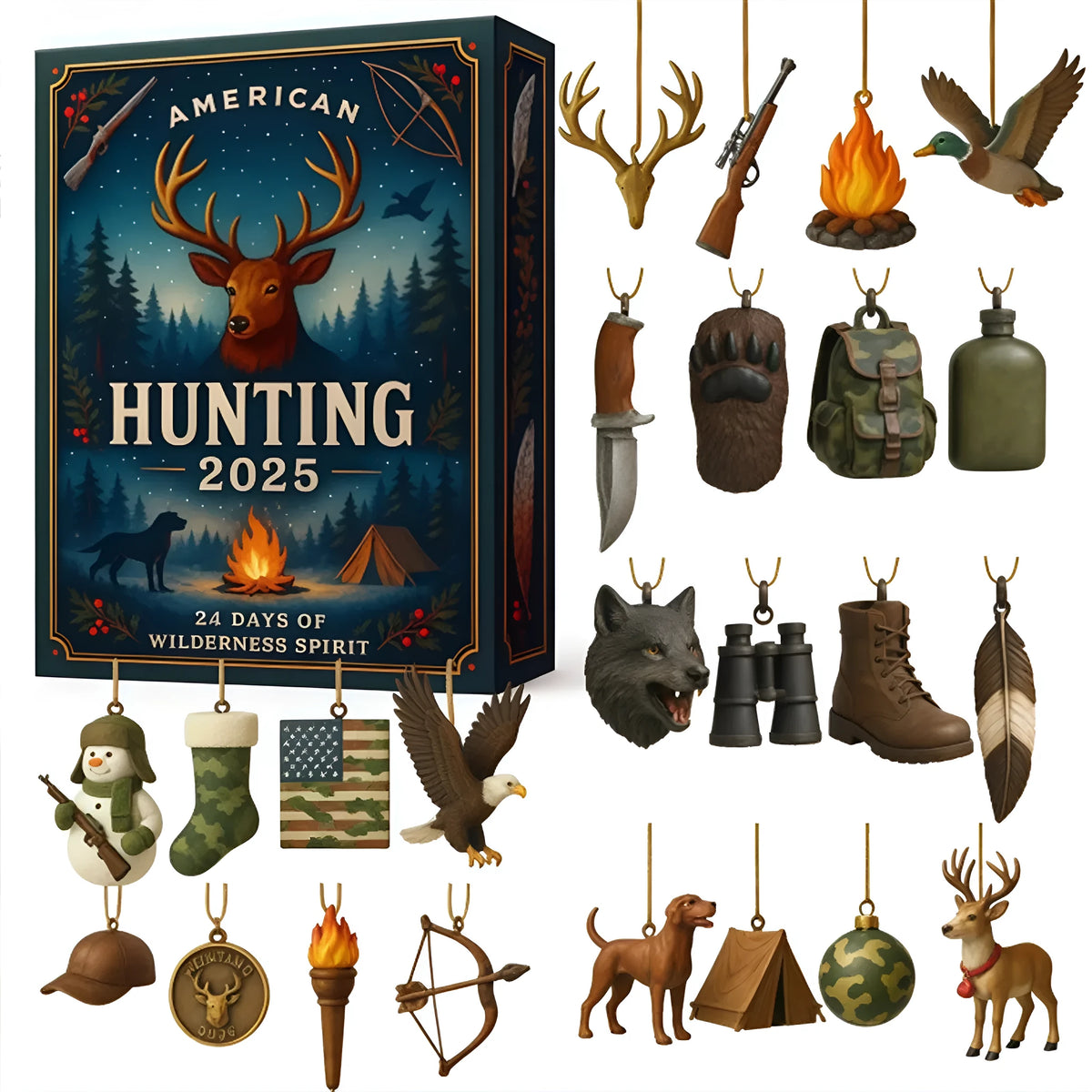 Hunting acrylic pendant advent calendar blind box Christmas tree decoration in American Hunting 2025 theme, 26x18x3cm
