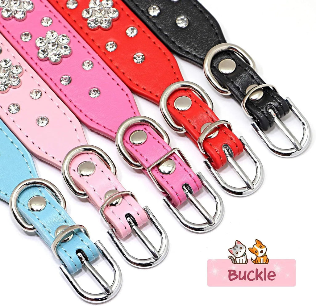 Black dog collar with shiny rhinestone flower pattern and metal D-ring on a soft PU leather strap.
