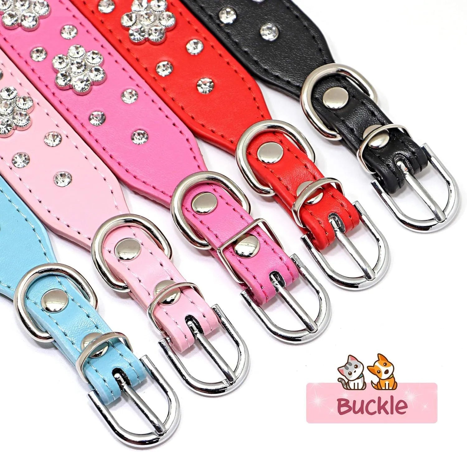 Black dog collar with shiny rhinestone flower pattern and metal D-ring on a soft PU leather strap.