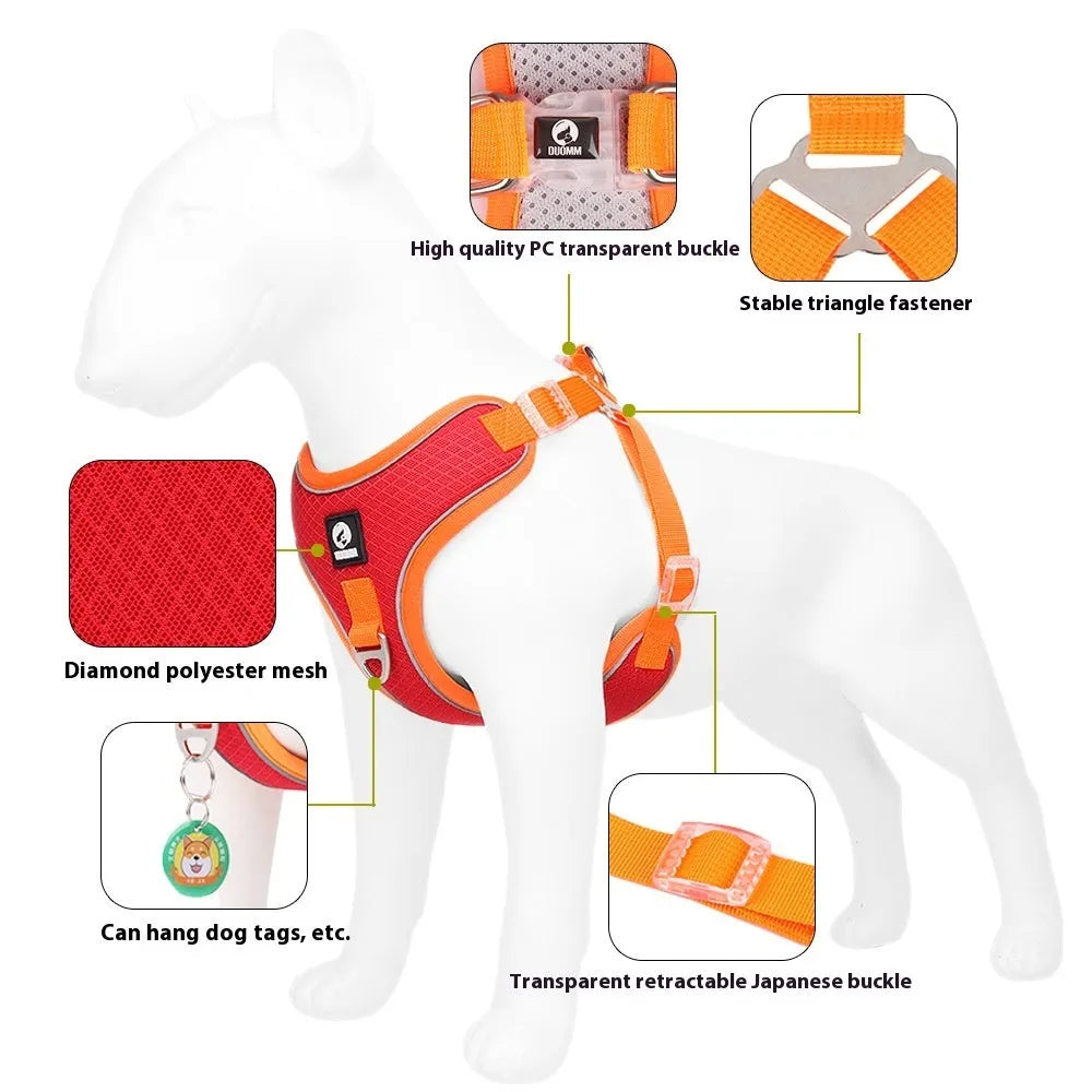 Adjustable breathable mesh dog harness with reflective strips in multiple colour options