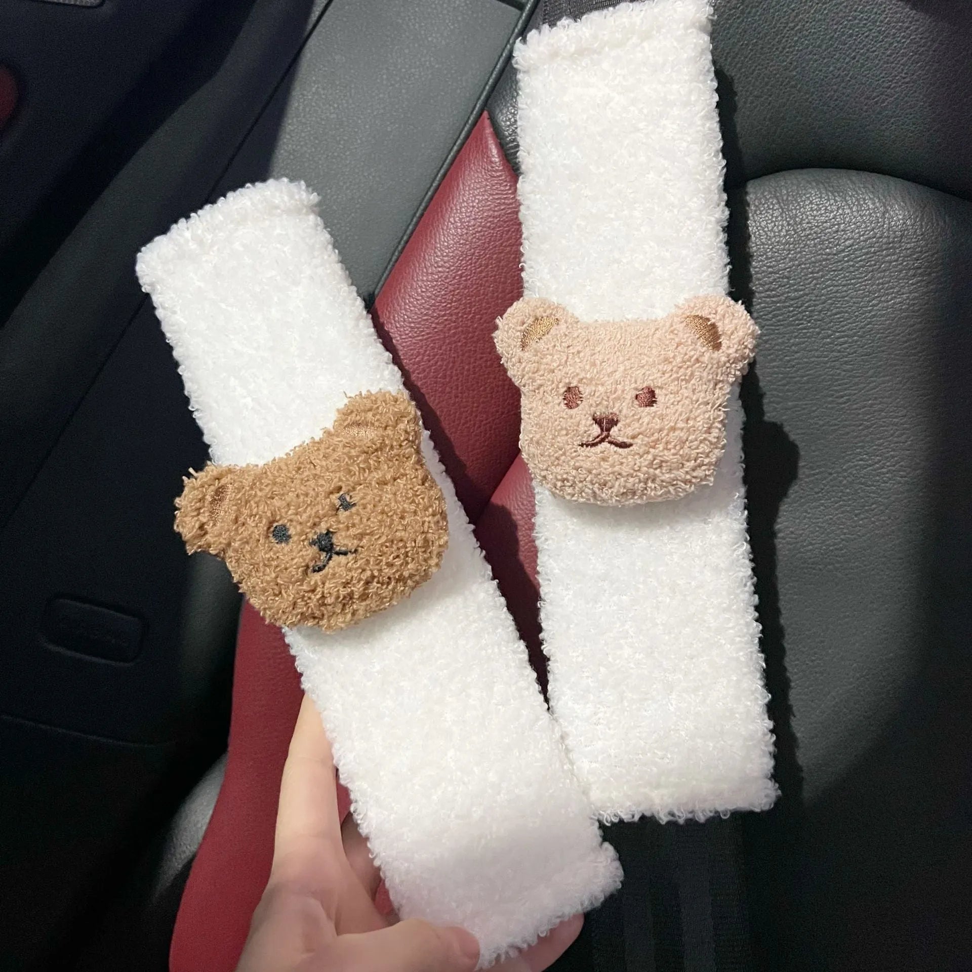 Khaki cartoon bear plush seat belt cover protector for baby car seat safety