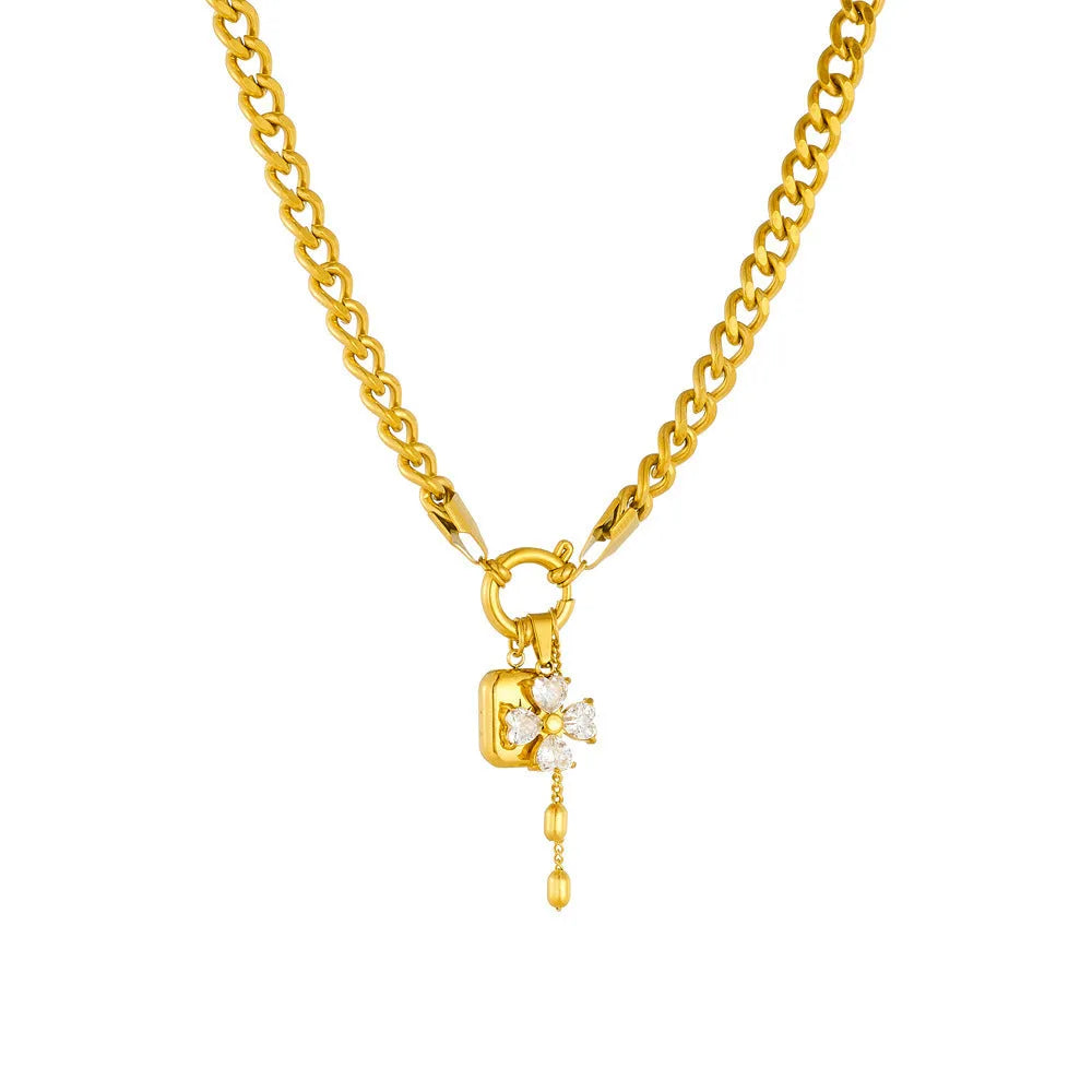Tassel stainless steel bracelet and necklace set with flower and butterfly motifs for women