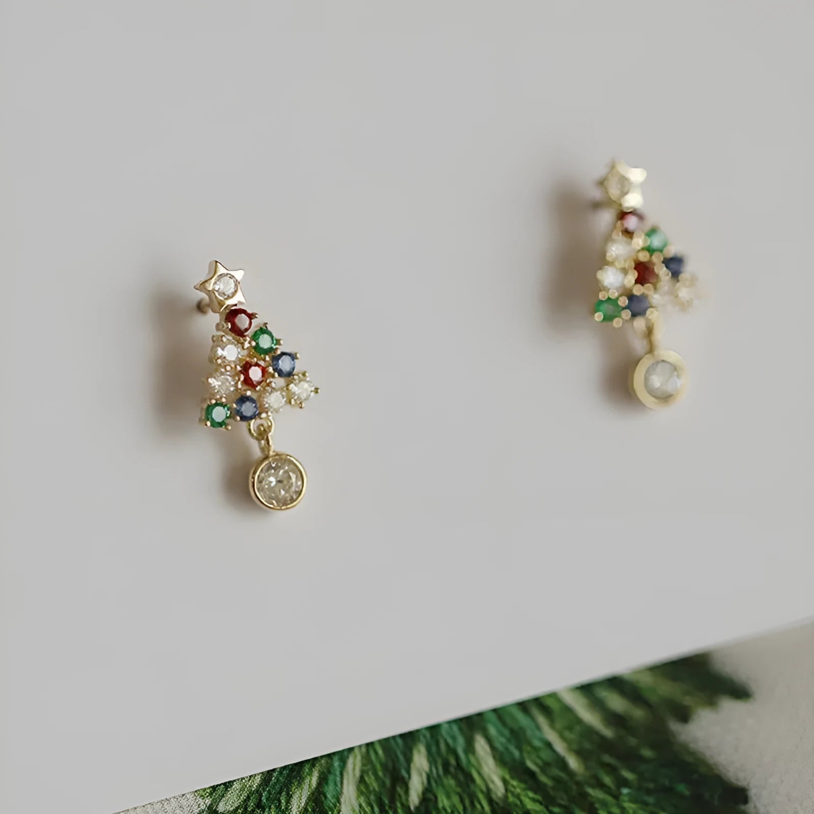 Gold electroplated Christmas tree water drop stud earrings with diamond accent Ruyi design for women