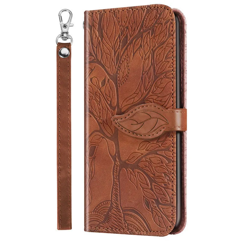 Flip retro lucky tree embossed leather phone case for Samsung with protective kickstand in Lake Blue colour