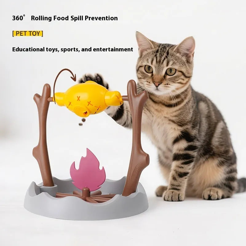 Barbecue-themed cat tumbling puzzle feeder toy with treat dispensing mechanism