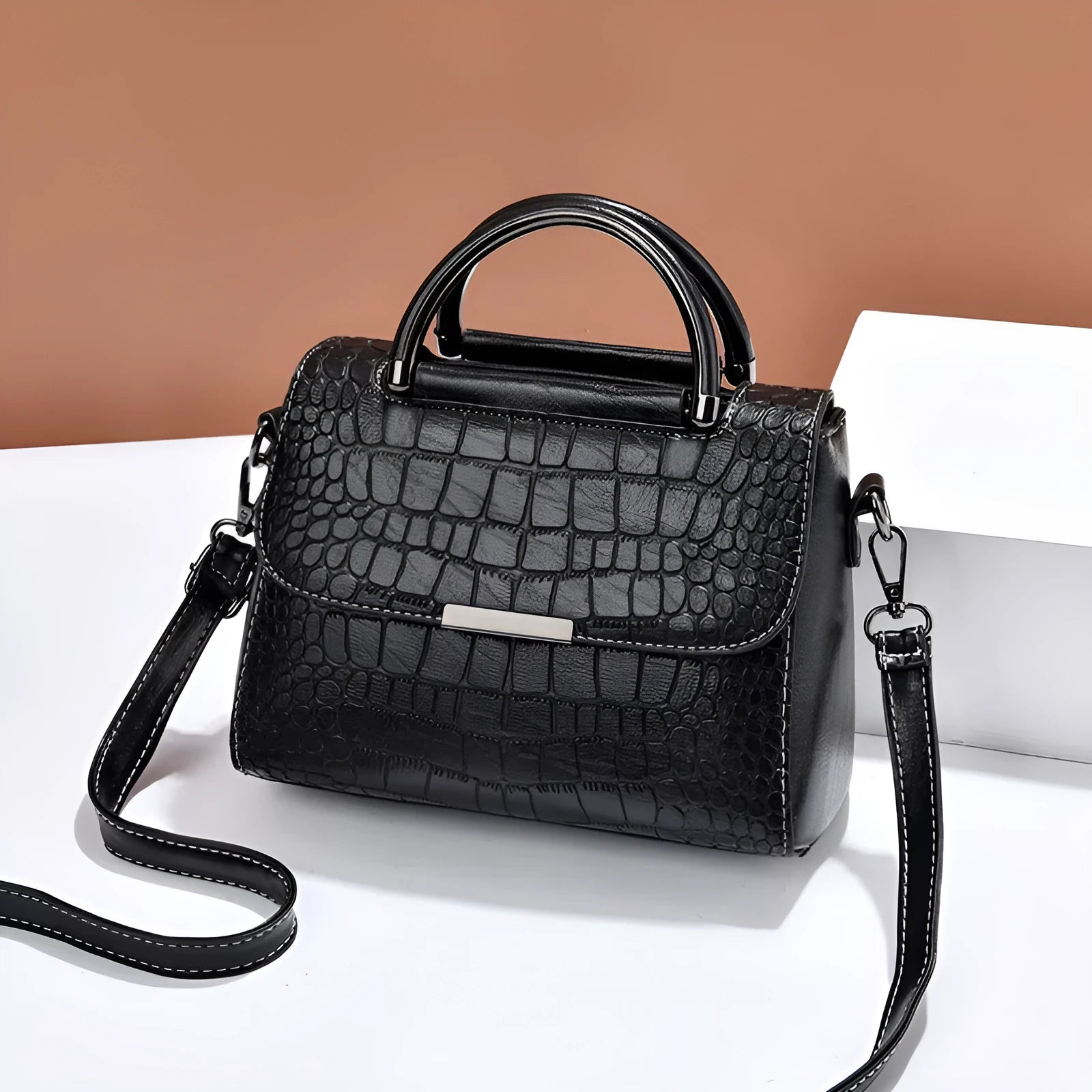 Stone-pattern PU shoulder crossbody bag with welt pocket in horizontal square shape, available in multiple colours