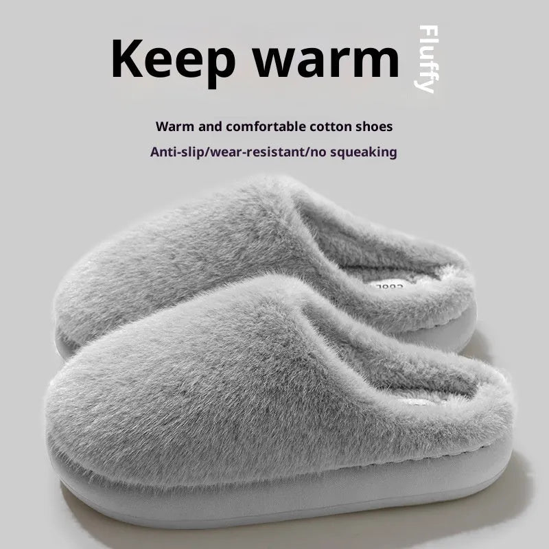 Non-slip winter cotton-padded slippers with plush upper, flat heel, round toe, beige colour