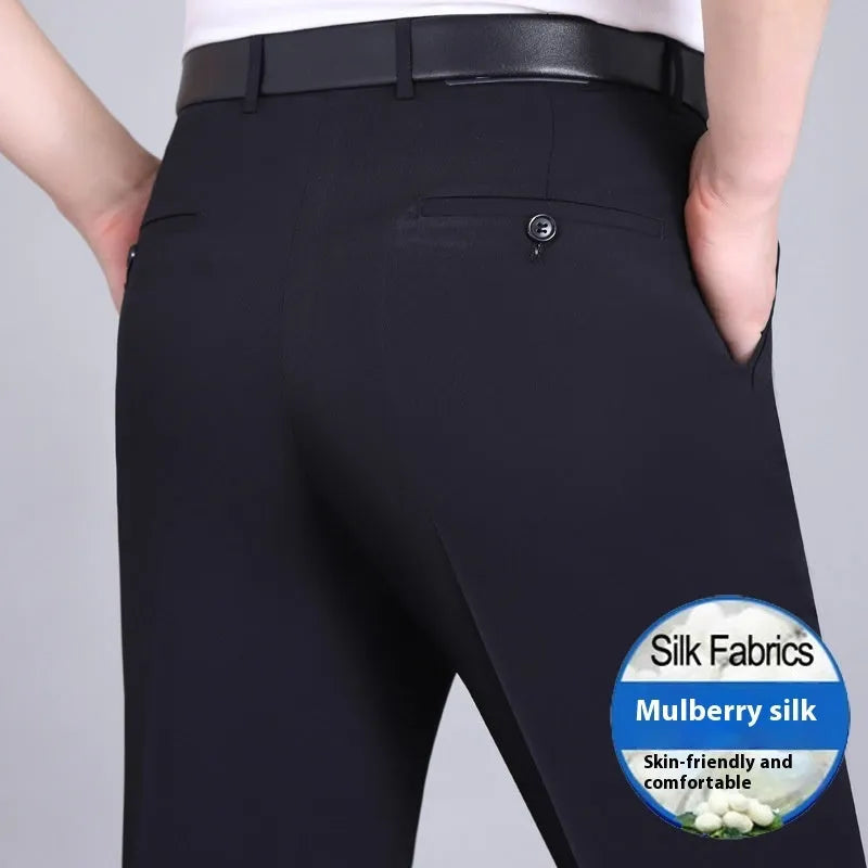 Man's straight-leg high-waisted business trousers in a mulberry silk blend fabric.