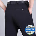 Man's straight-leg high-waisted business trousers in a mulberry silk blend fabric.