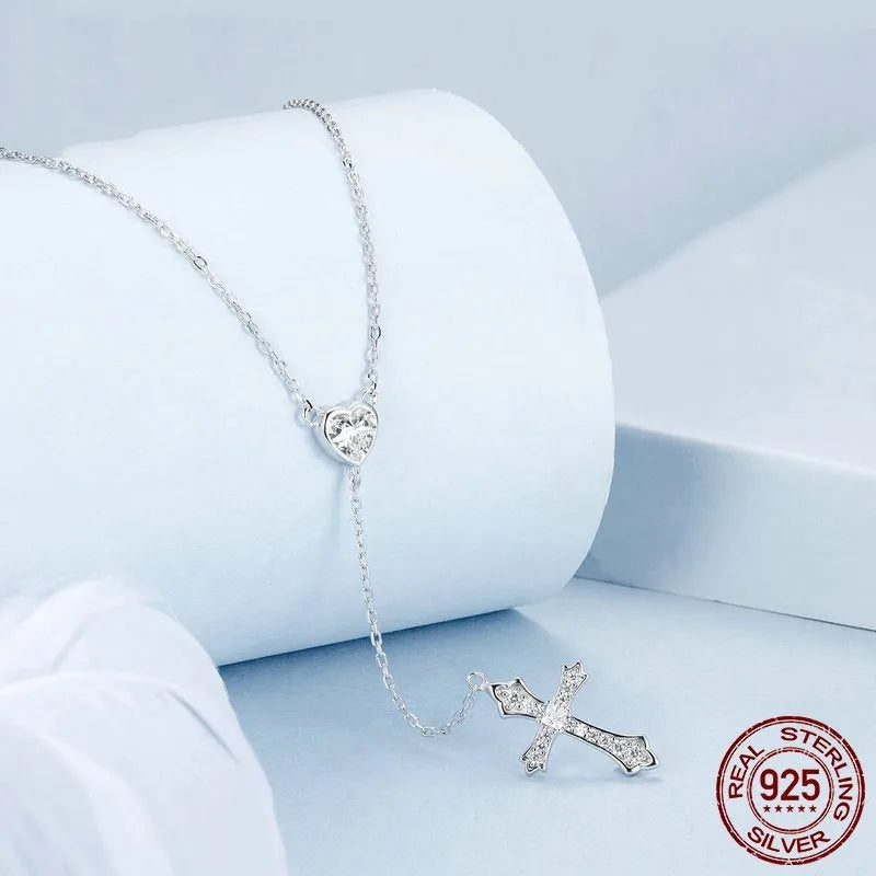 Women's 925 silver cross pendant necklace on an adjustable O-ring chain, antique silver finish.